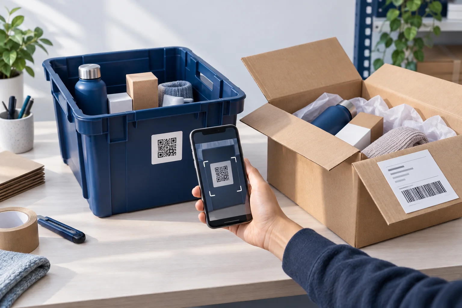 Illustration of a phone scanning a reusable tote beside an open packing box